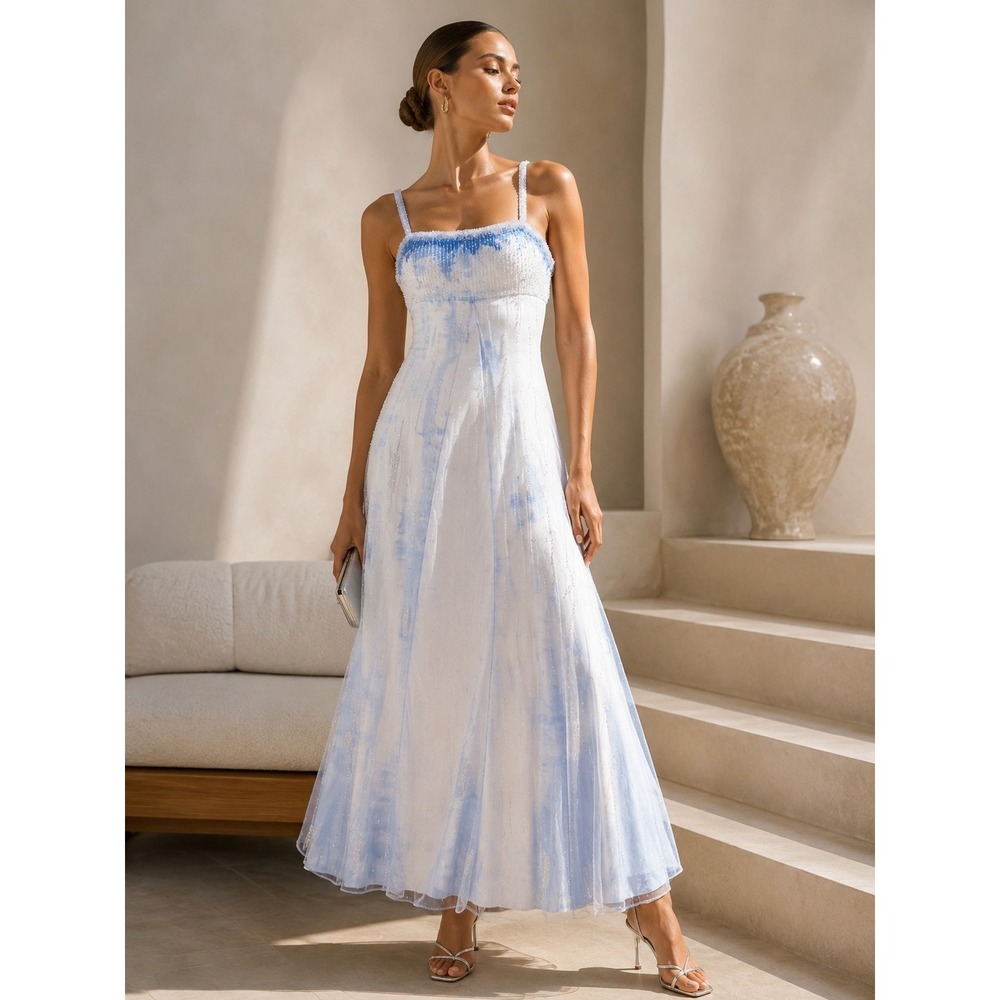 Aspeed Blue Beaded Tie-Dye Maxi Dress Sleeveless Formal Prom Evening Gown Size S